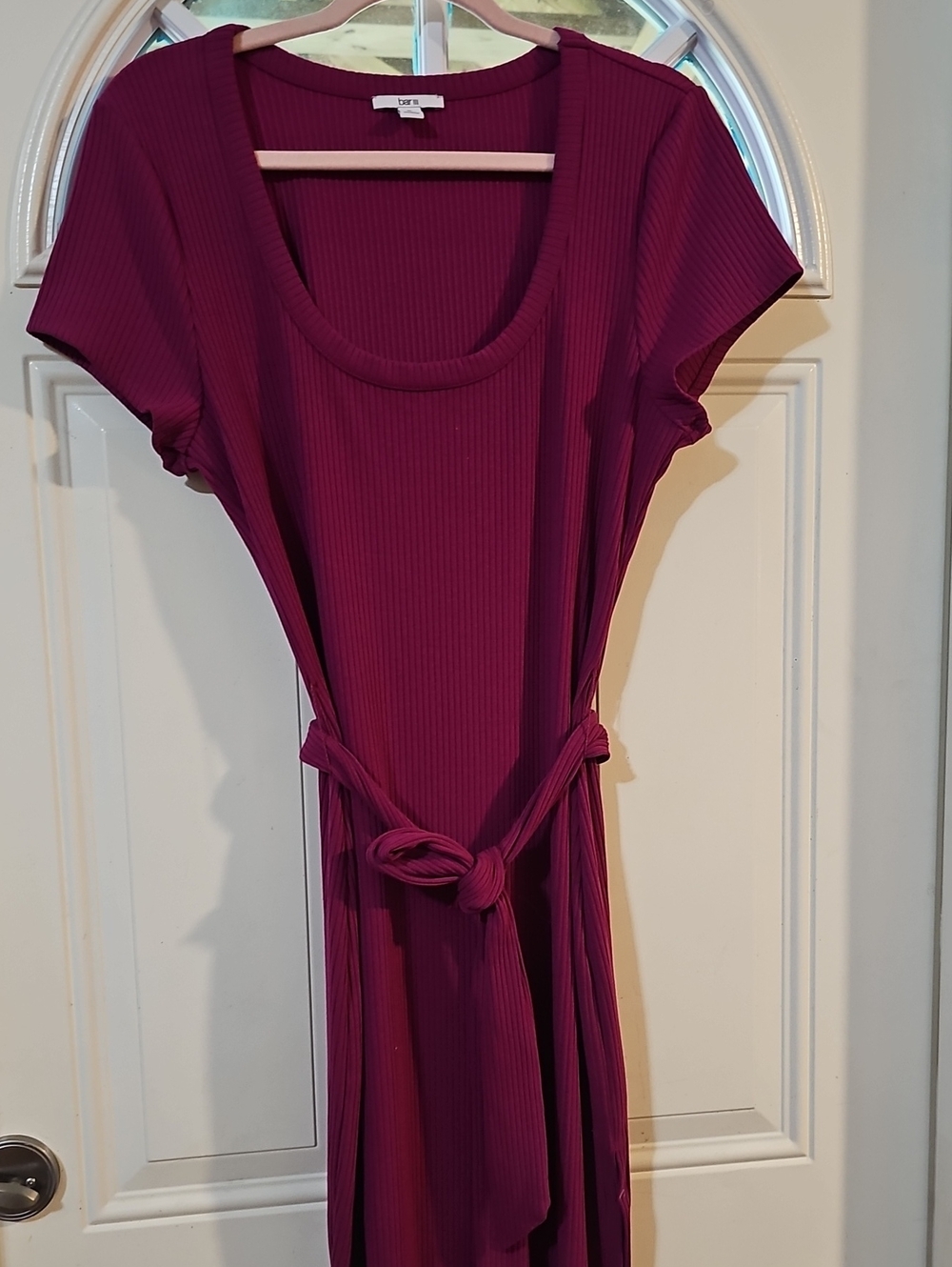 Bar III Wine Ribbed Scoop Neck Midi Dress with Tie Waist